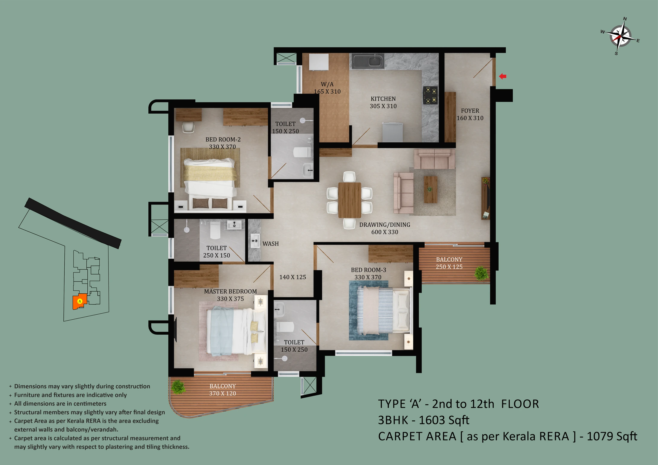 Official Asset Homes floor-plan image: floor TYPE A / 3 BHK - 1603 sqft. Source image SHA-256 3d7e829b9e2e.