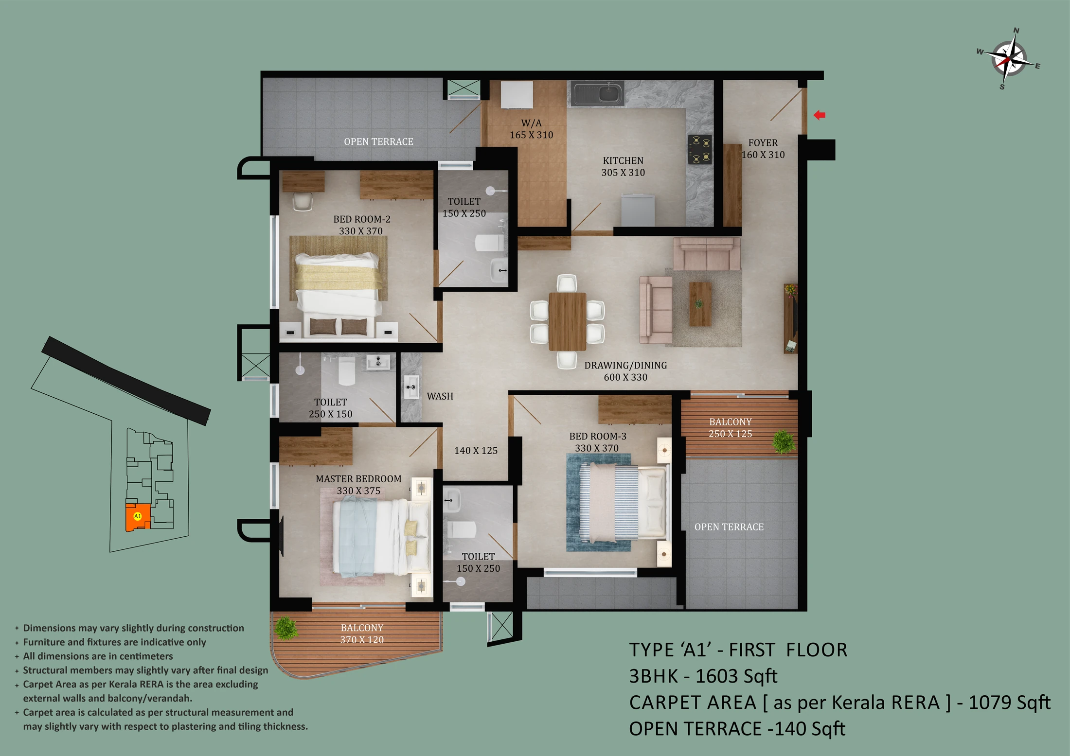 Official Asset Homes floor-plan image: floor TYPE A1 / 3 BHK - 1603 sqft. Source image SHA-256 985a406267a9.