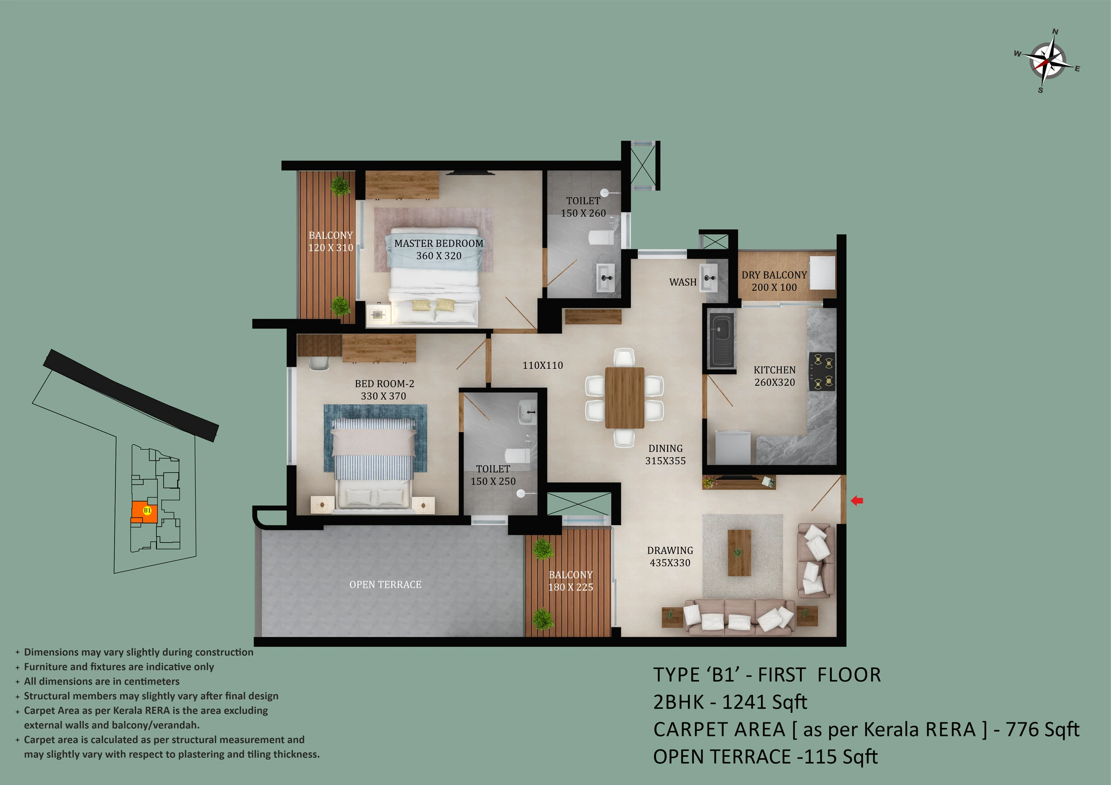 Official Asset Homes floor-plan image: floor TYPE B1 / 2 BHK - 1241 sqft. Source image SHA-256 be729b558eeb.