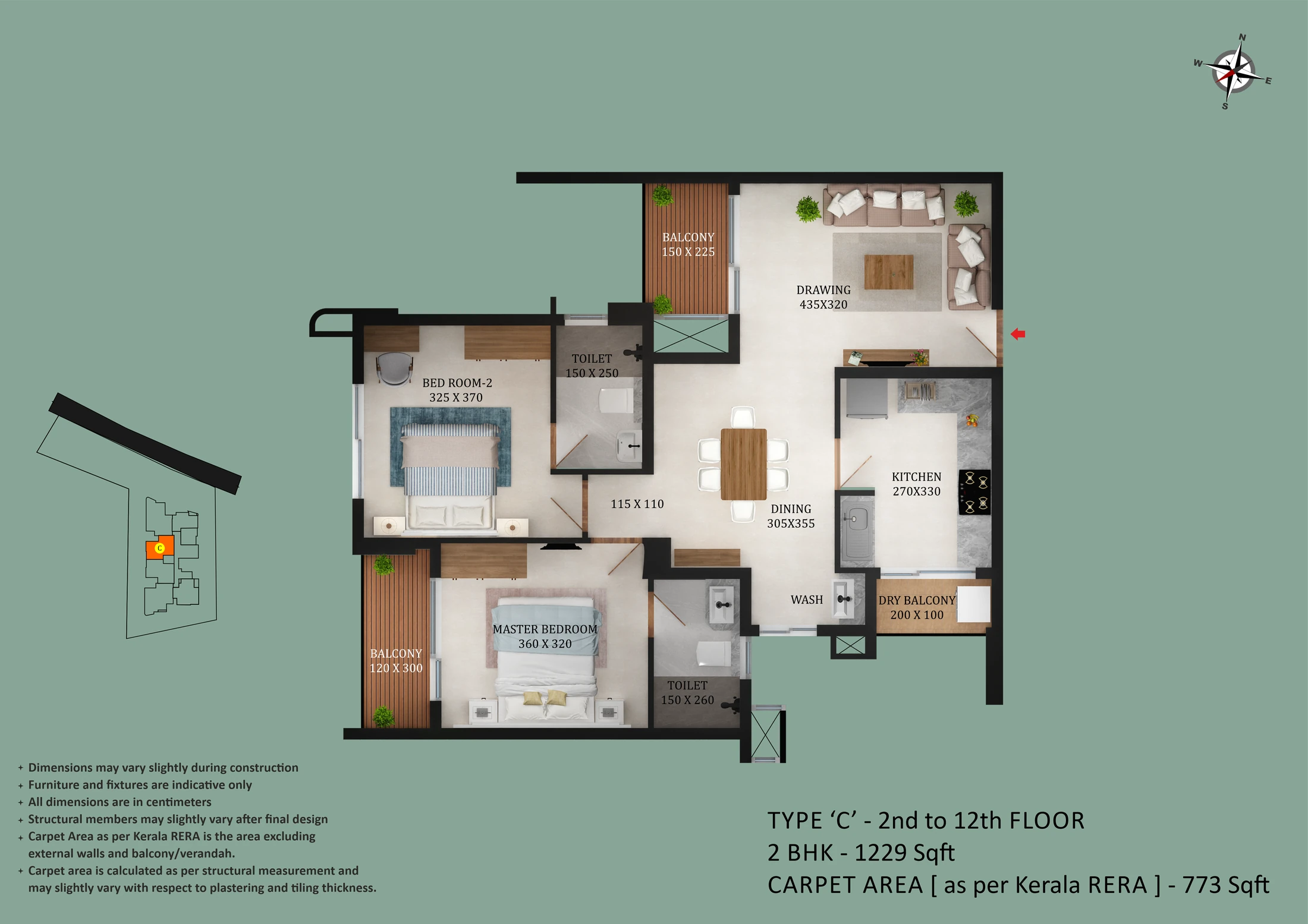 Official Asset Homes floor-plan image: floor TYPE C / 2 BHK - 1229 sqft. Source image SHA-256 76ae819f46ef.