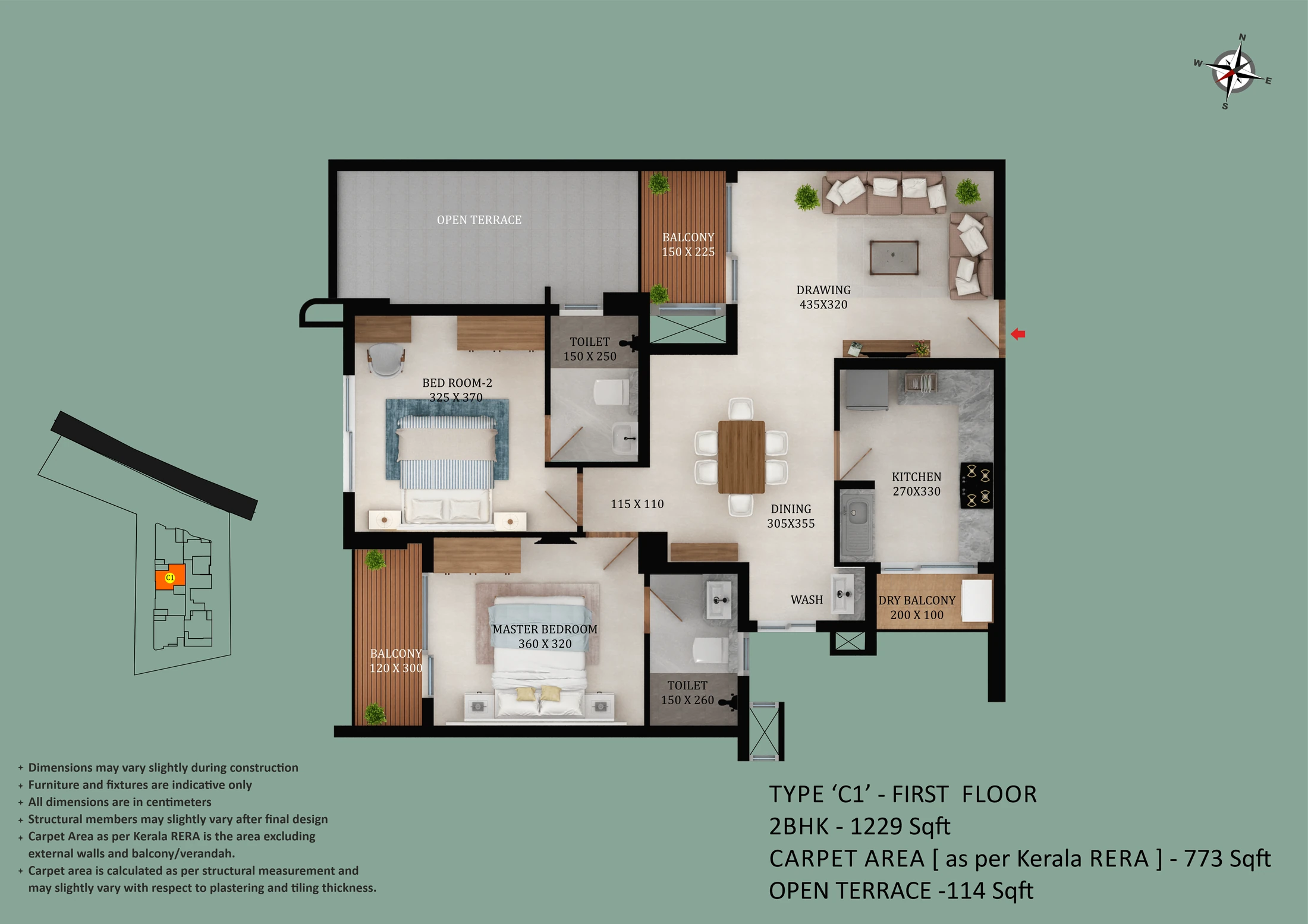 Official Asset Homes floor-plan image: floor TYPE C1 / 2 BHK - 1229 sqft. Source image SHA-256 f14c92e07635.