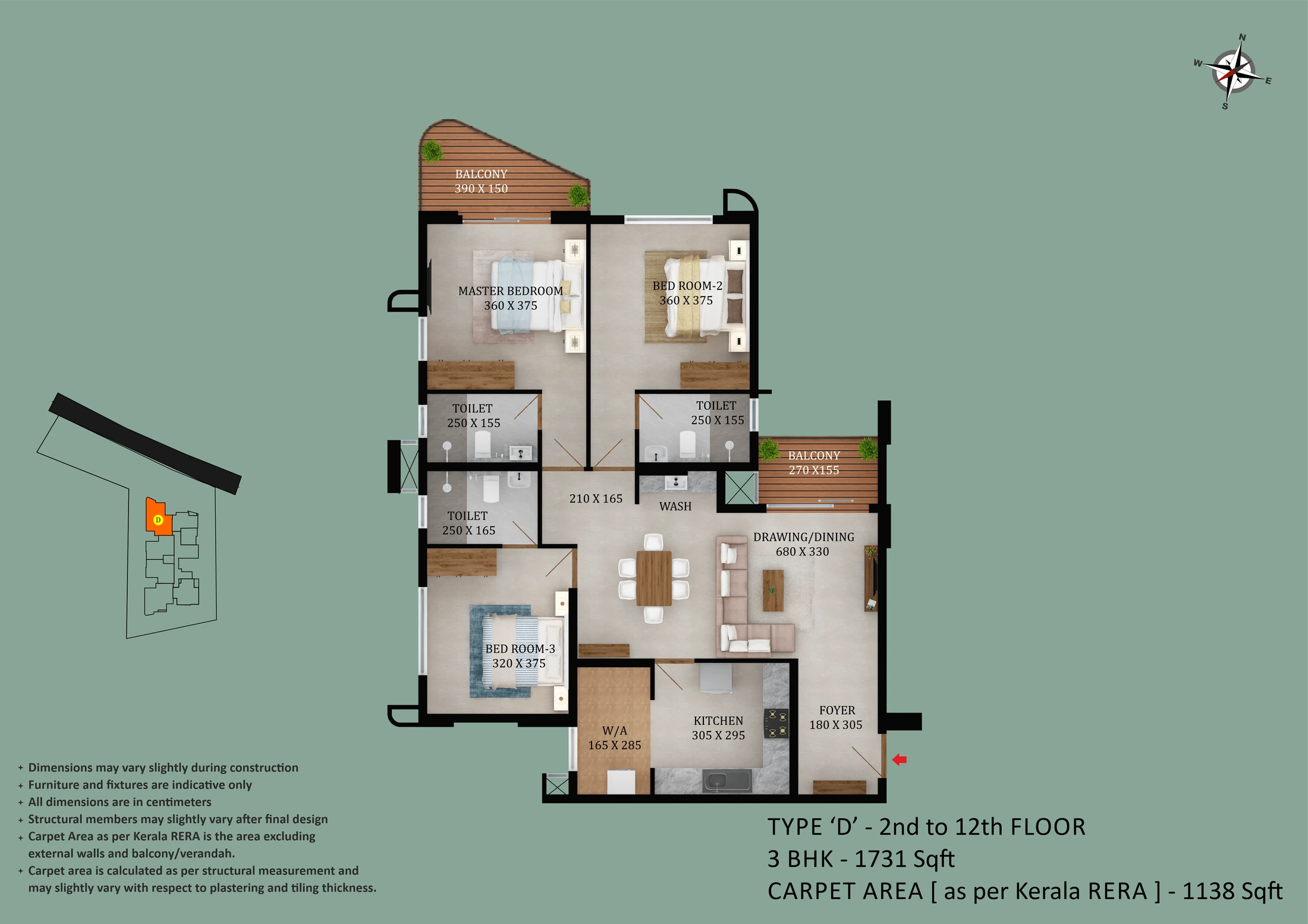 Official Asset Homes floor-plan image: floor TYPE D / 3 BHK - 1731 sqft. Source image SHA-256 7631aa0e5cf7.