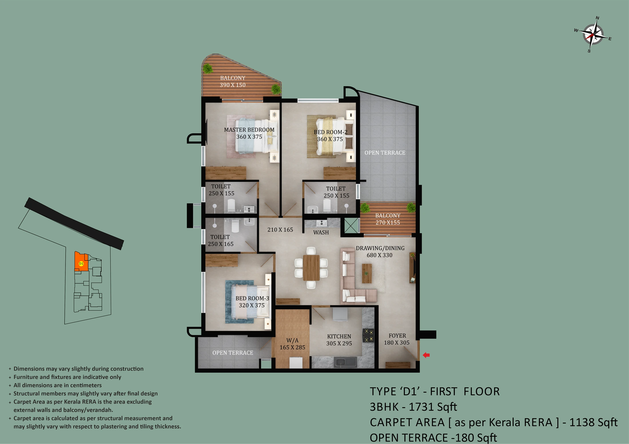 Official Asset Homes floor-plan image: floor TYPE D1 / 3 BHK - 1731 sqft. Source image SHA-256 13c27b2a984b.