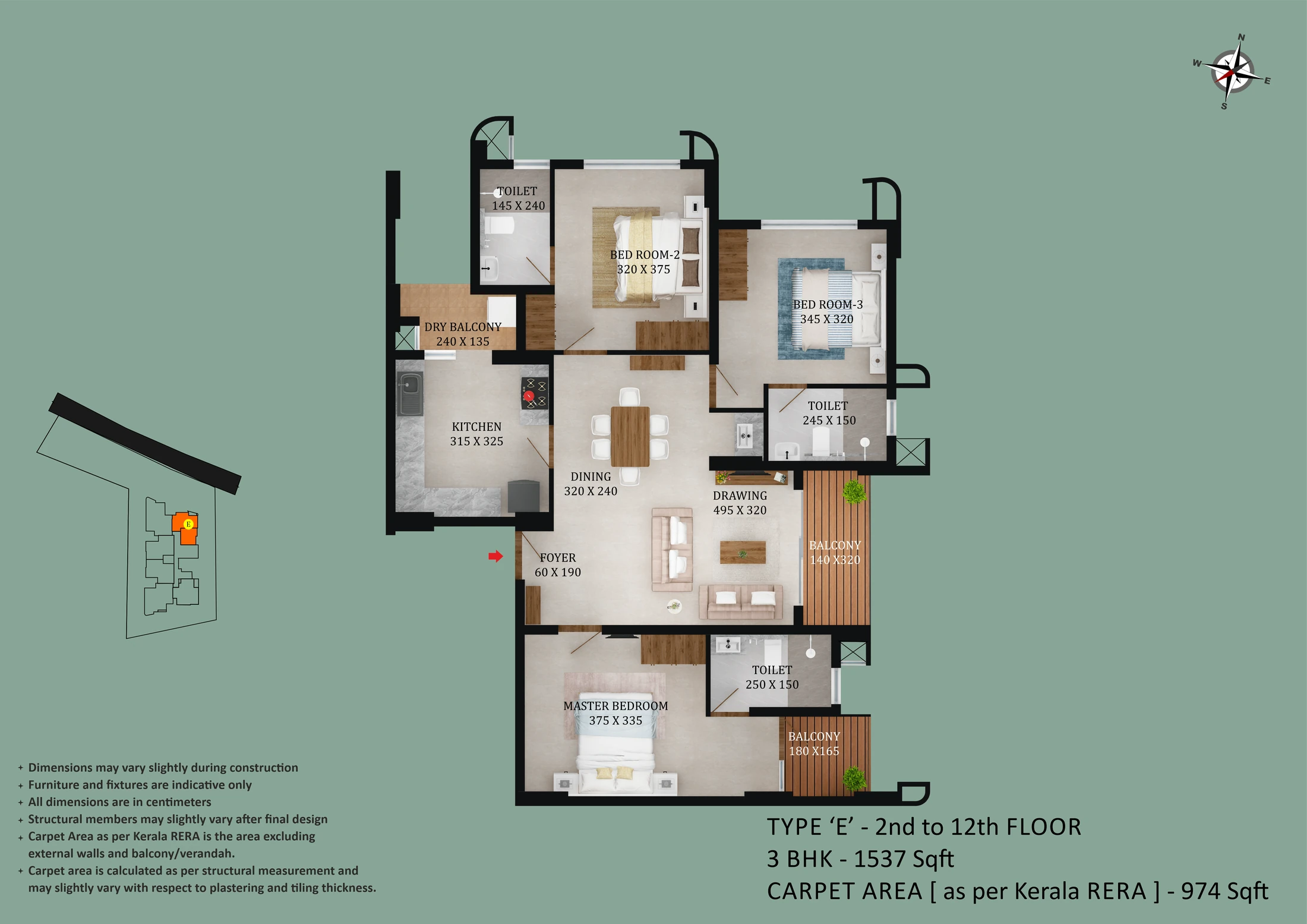 Official Asset Homes floor-plan image: floor TYPE E / 3 BHK - 1537 sqft. Source image SHA-256 d52a5e0f94ce.
