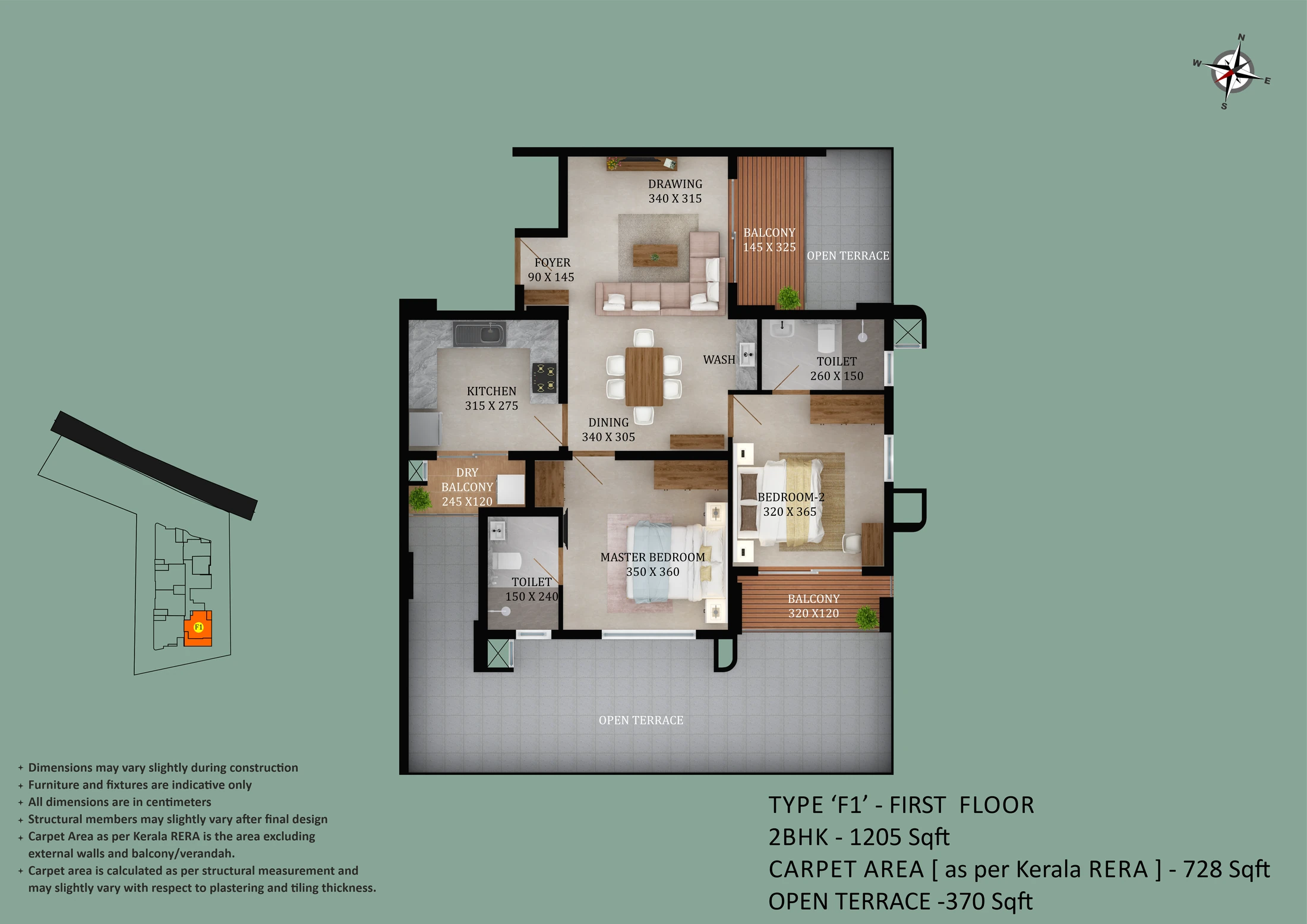 Official Asset Homes floor-plan image: floor TYPE F1 / 2 BHK - 1205 sqft. Source image SHA-256 535626876d5c.