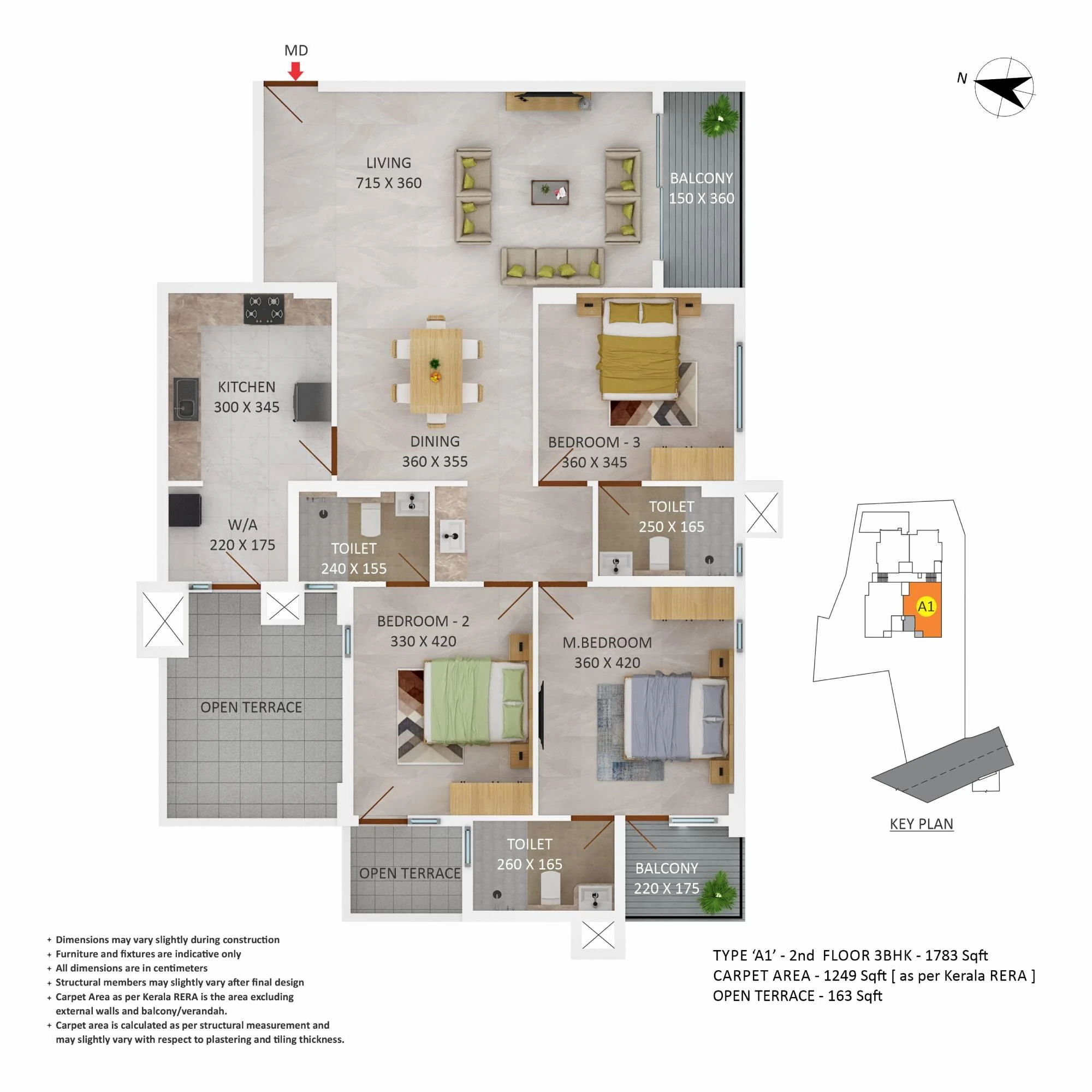 Official Asset Homes floor-plan image: type TYPE A1 / 3 BHK - 1783 sqft. Source image SHA-256 1cf6895f0021.