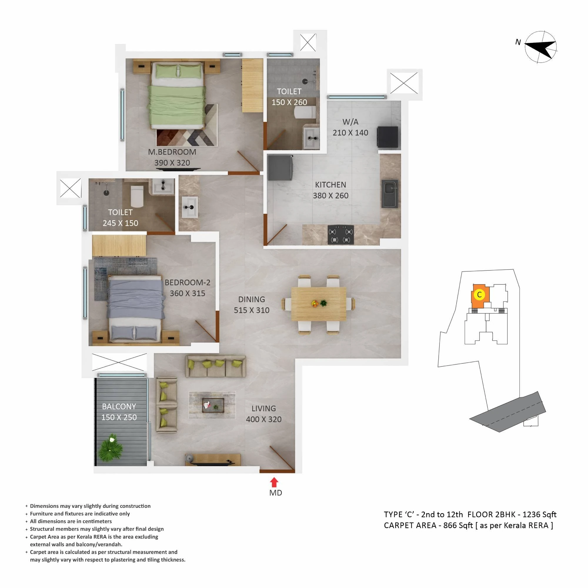 Official Asset Homes floor-plan image: type TYPE C / 2 BHK - 1236 sqft. Source image SHA-256 27f969bca310.