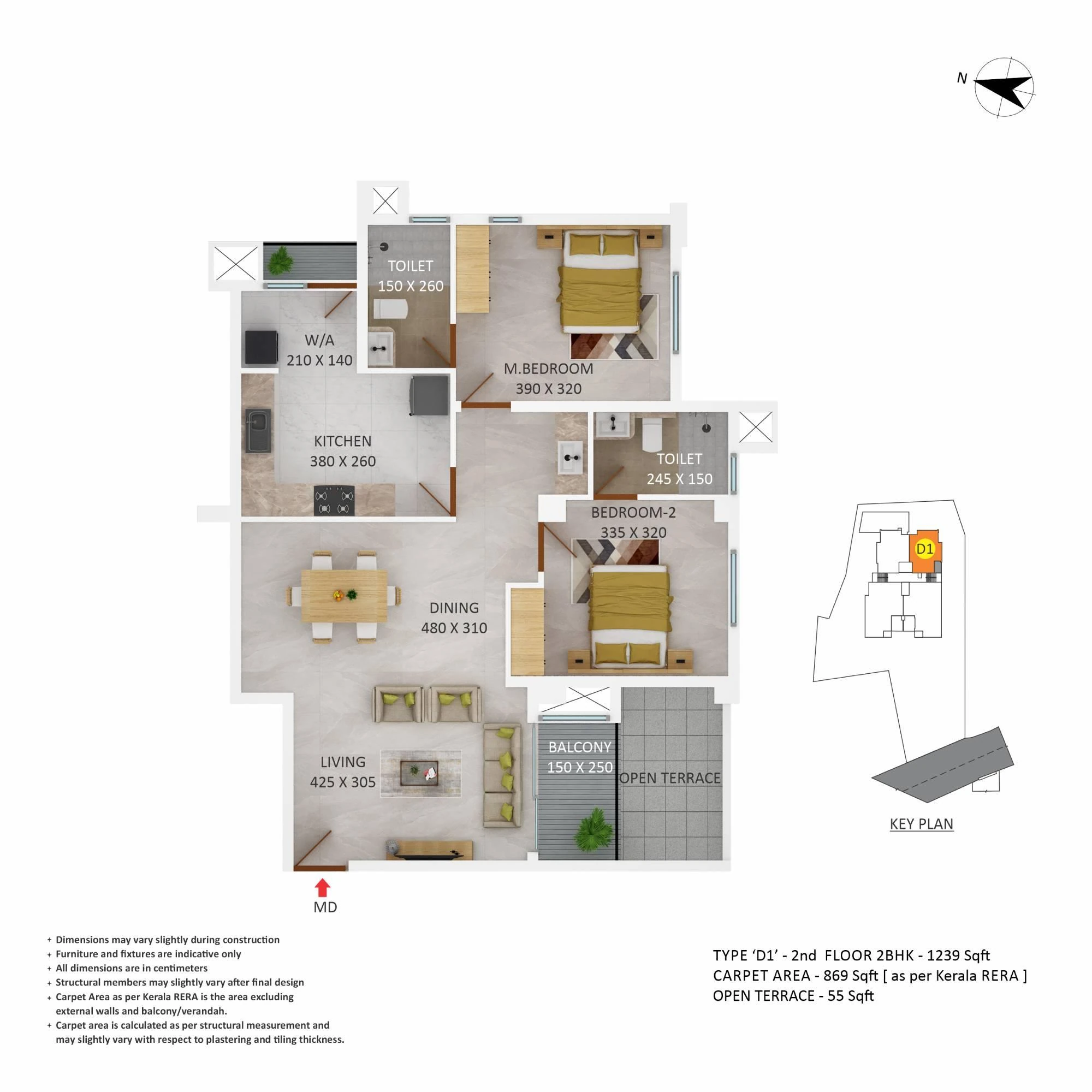 Official Asset Homes floor-plan image: type TYPE D1 / 2 BHK - 1239 sqft. Source image SHA-256 144c0444c2c0.