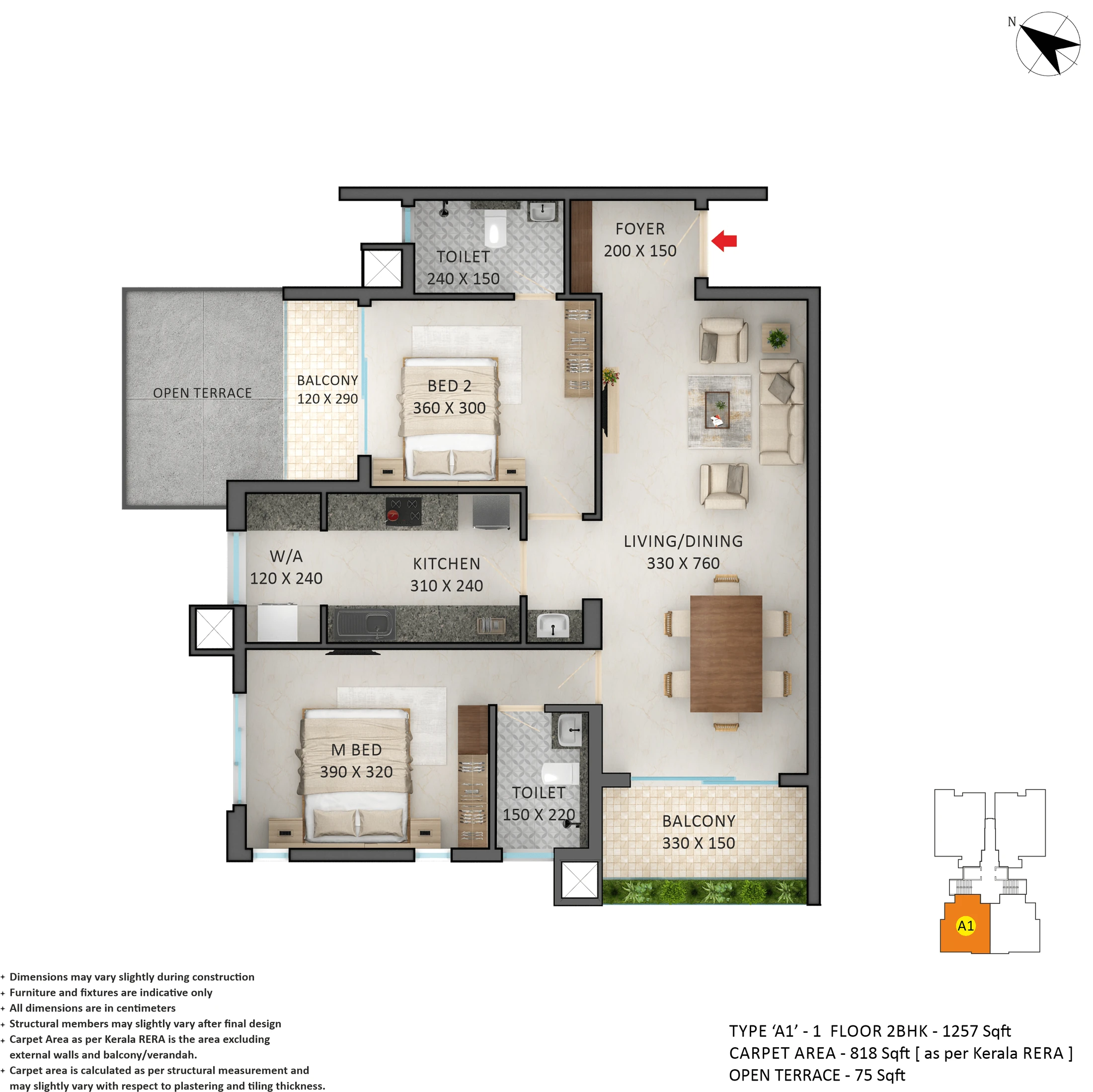 Official Asset Homes floor-plan image: type A1 / 2 BHK - 1257 sqft. Source image SHA-256 0948e5327809.