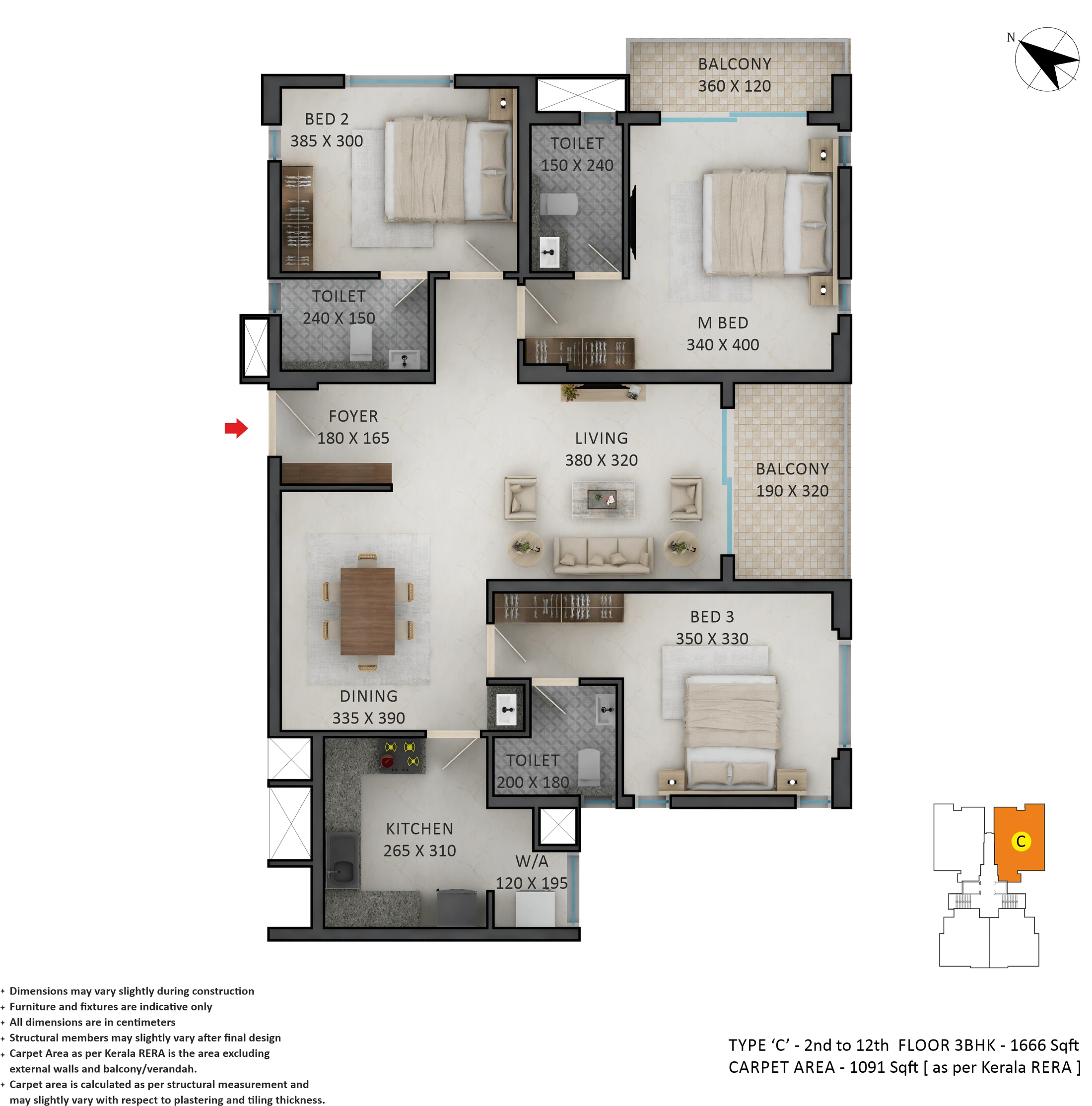 Official Asset Homes floor-plan image: type C / 3 BHK - 1666 sqft. Source image SHA-256 eb270376a84d.