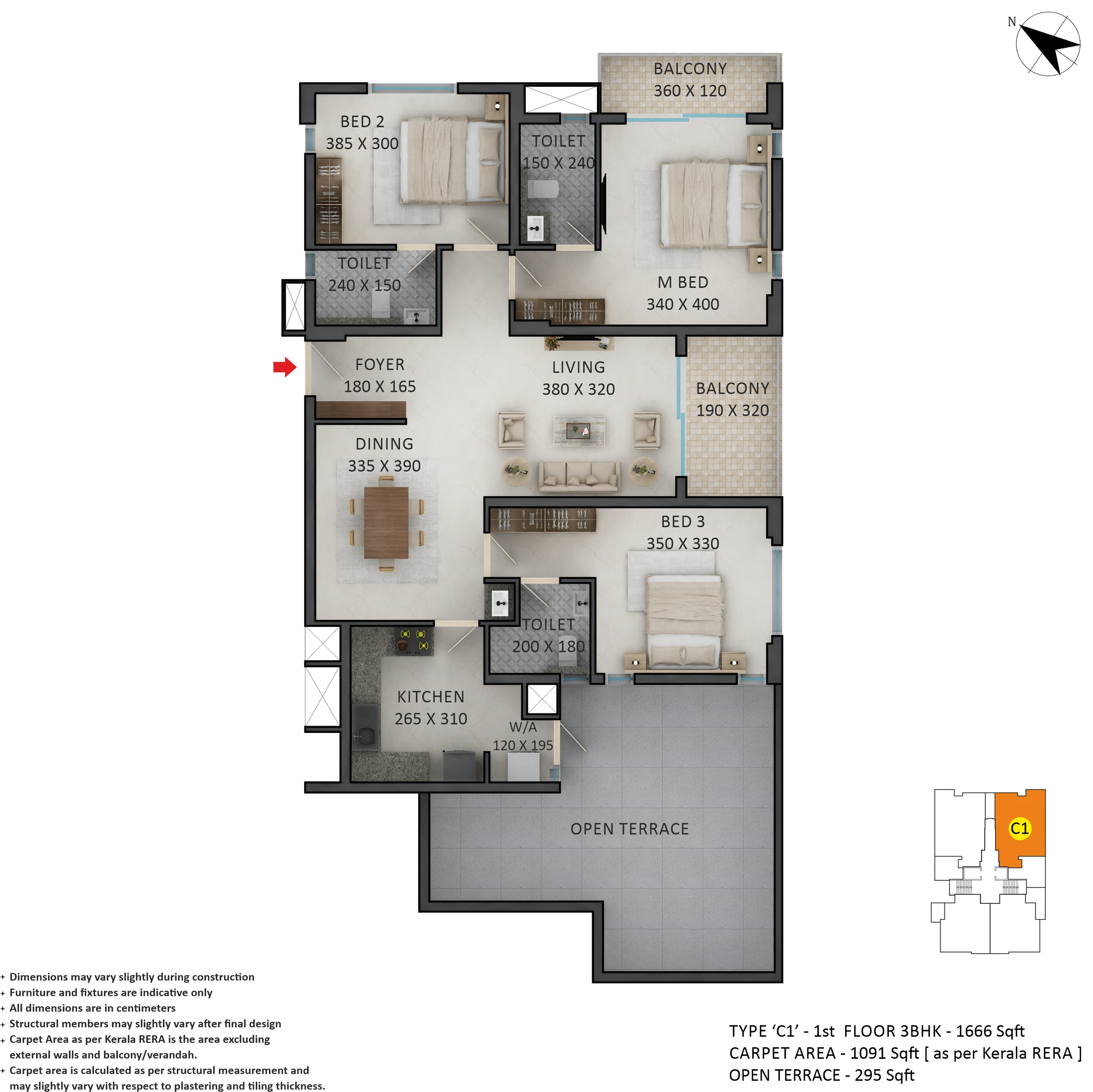 Official Asset Homes floor-plan image: type C1 / 3 BHK - 1666 sqft. Source image SHA-256 91be2d9e47d4.