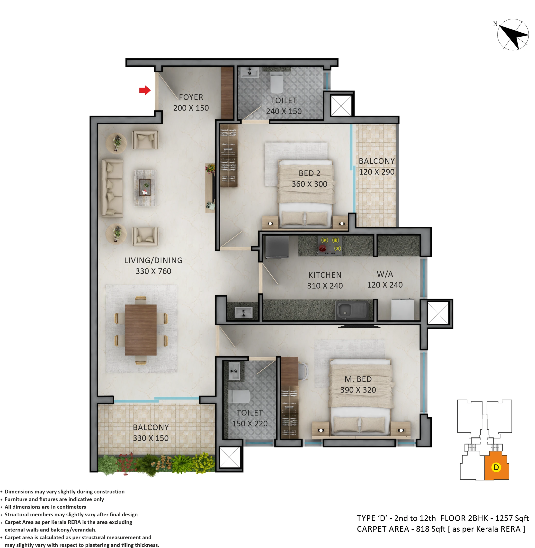 Official Asset Homes floor-plan image: type D / 2 BHK - 1257 sqft. Source image SHA-256 8e6b9338b91c.