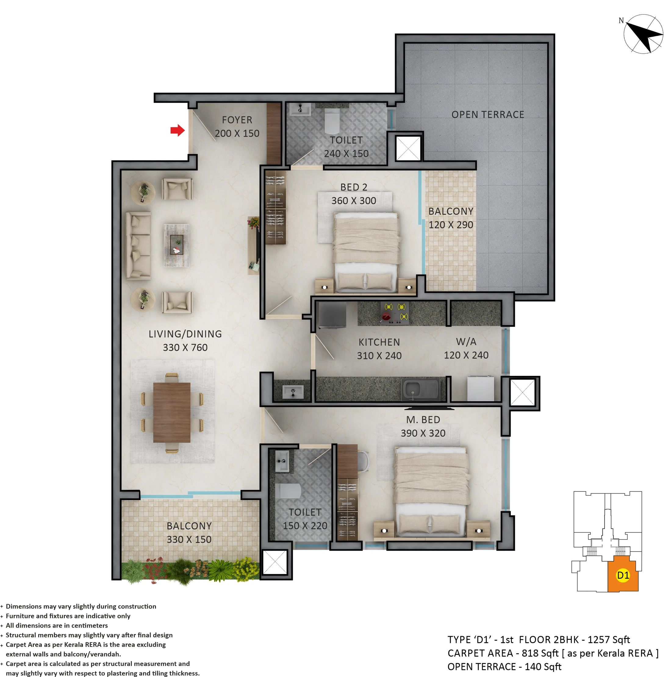 Official Asset Homes floor-plan image: type D1 / 2 BHK - 1257 sqft. Source image SHA-256 9d17adbe4ae4.