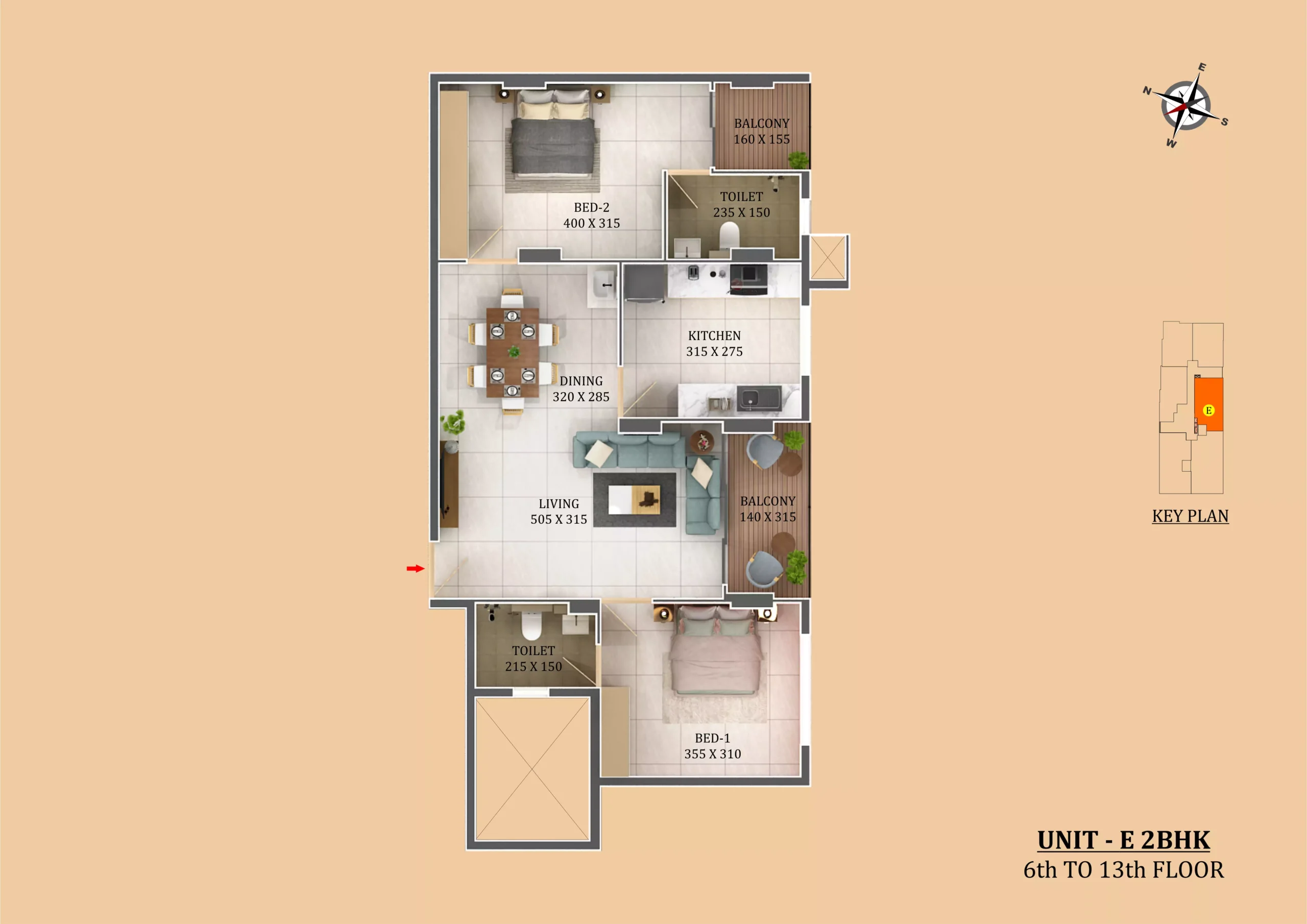 Official Cordial Homes floor-plan image: unit type E (2D layout, area not stated on page). Source image SHA-256 9c515439f08ffa.