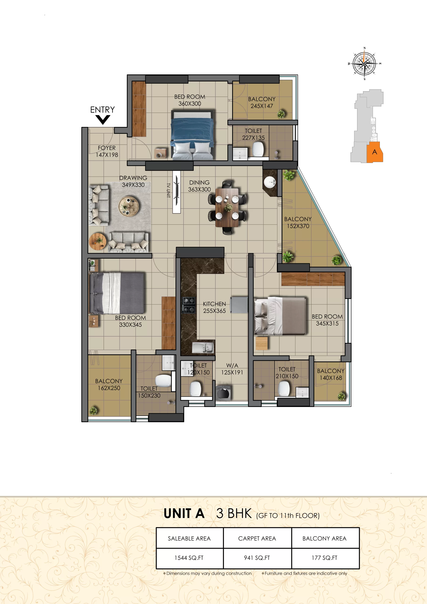 Official Chothy's Builders Nakshtra floor-plan image: Unit A, 3 BHK, no sq ft or area basis printed on the page. Source image SHA-256 c05afeccccae8506.