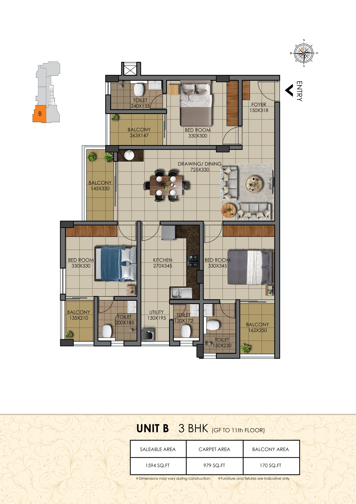 Official Chothy's Builders Nakshtra floor-plan image: Unit B, 3 BHK, no sq ft or area basis printed on the page. Source image SHA-256 4c2d5403627dccf5.