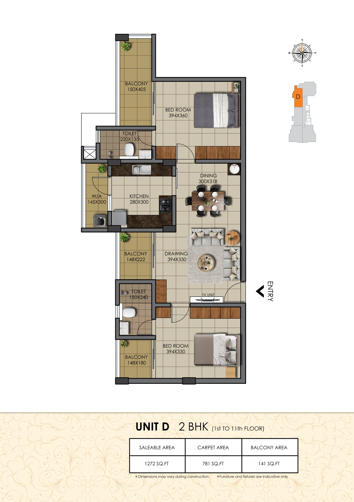 Official Chothy's Builders Nakshtra floor-plan image: Unit D, 2 BHK, no sq ft or area basis printed on the page. Source image SHA-256 4fcac520fc783f38.