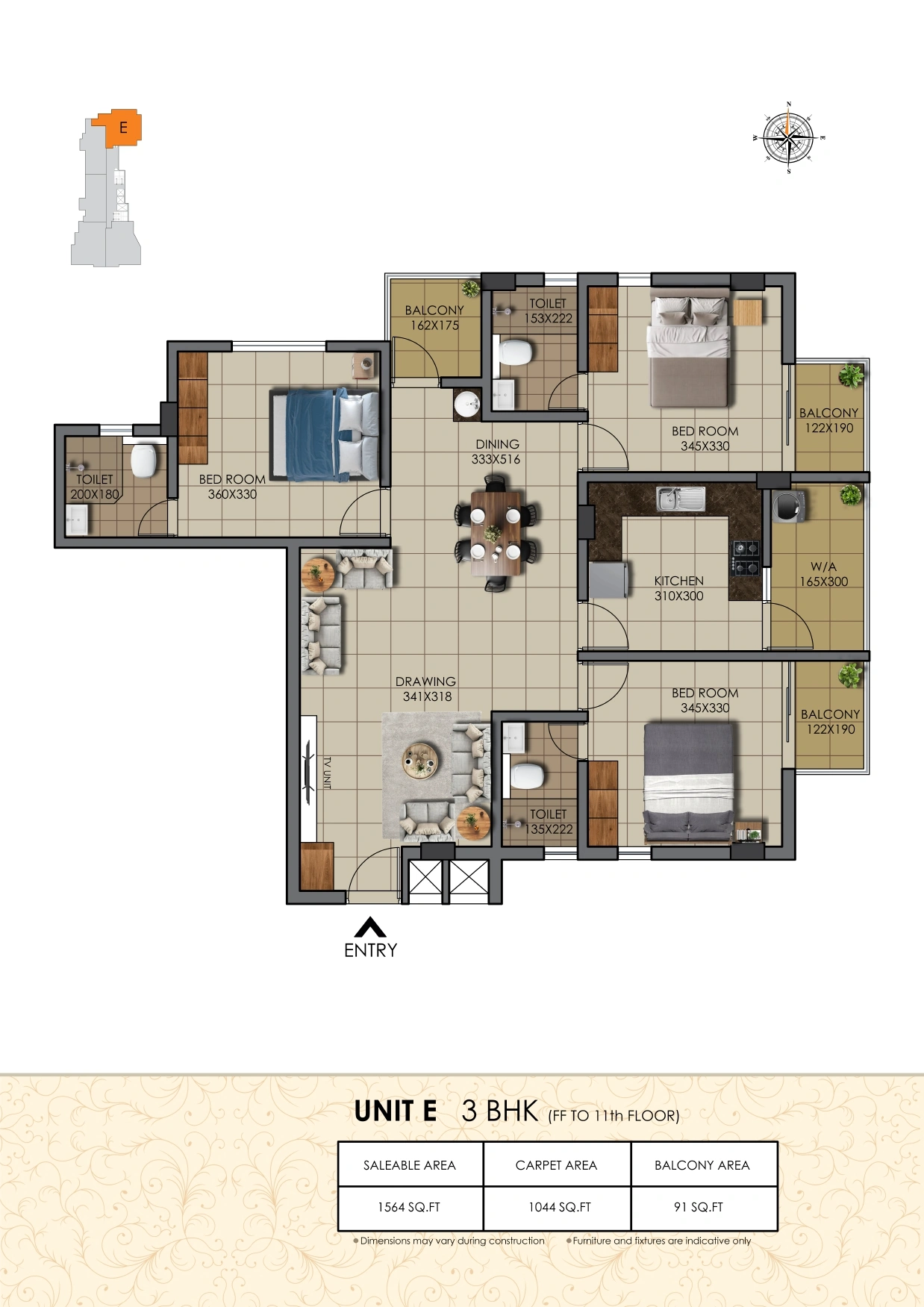 Official Chothy's Builders Nakshtra floor-plan image: Unit E, 3 BHK, no sq ft or area basis printed on the page. Source image SHA-256 6d640469859debd8.