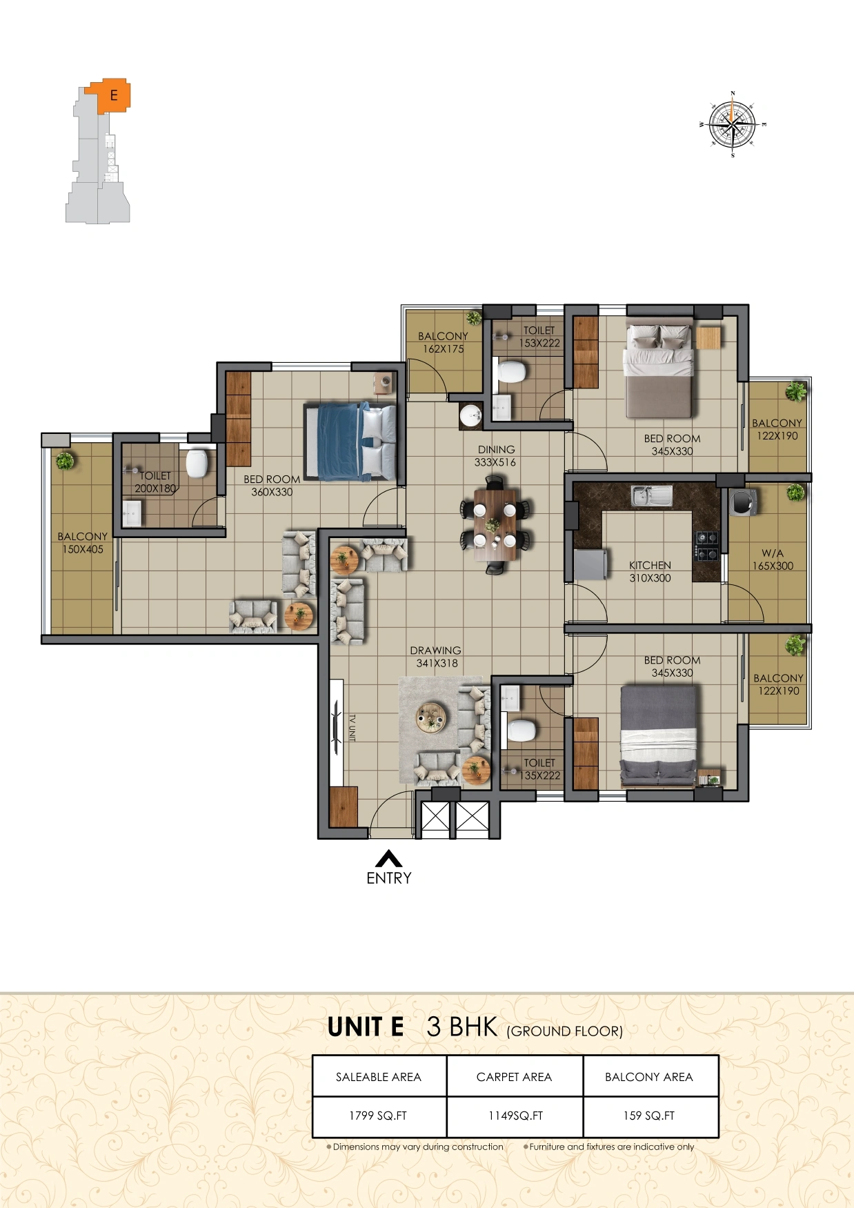 Official Chothy's Builders Nakshtra floor-plan image: Unit E1, 3 BHK, no sq ft or area basis printed on the page. Source image SHA-256 0b06affb96e59666.