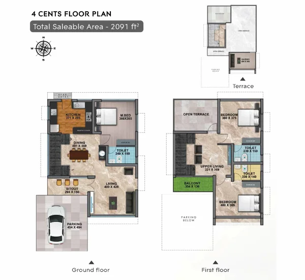 Official Shanoor Homes floor-plan image: 4 Cent Villa (3 BHK), card states Rooms 3, Baths 3, Size 2091 sq. ft. Source image SHA-256 5d59bfe28cc4.