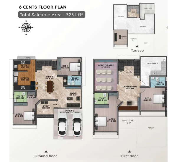 Official Shanoor Homes floor-plan image: 6 Cent Villa (4 BHK), card states Rooms 4, Baths 4, Size 3234 sq. ft. Source image SHA-256 d4b6aeaa4cf3.