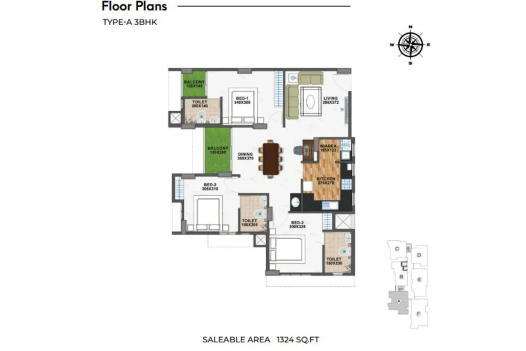 Official Shanoor Homes floor-plan image: Type-A 3BHK - 1324 sqft saleable area. Source image SHA-256 6b7a71811086.