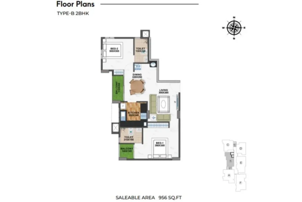 Official Shanoor Homes floor-plan image: Type-B 2BHK - 956 sqft saleable area. Source image SHA-256 b049fbfc791f.