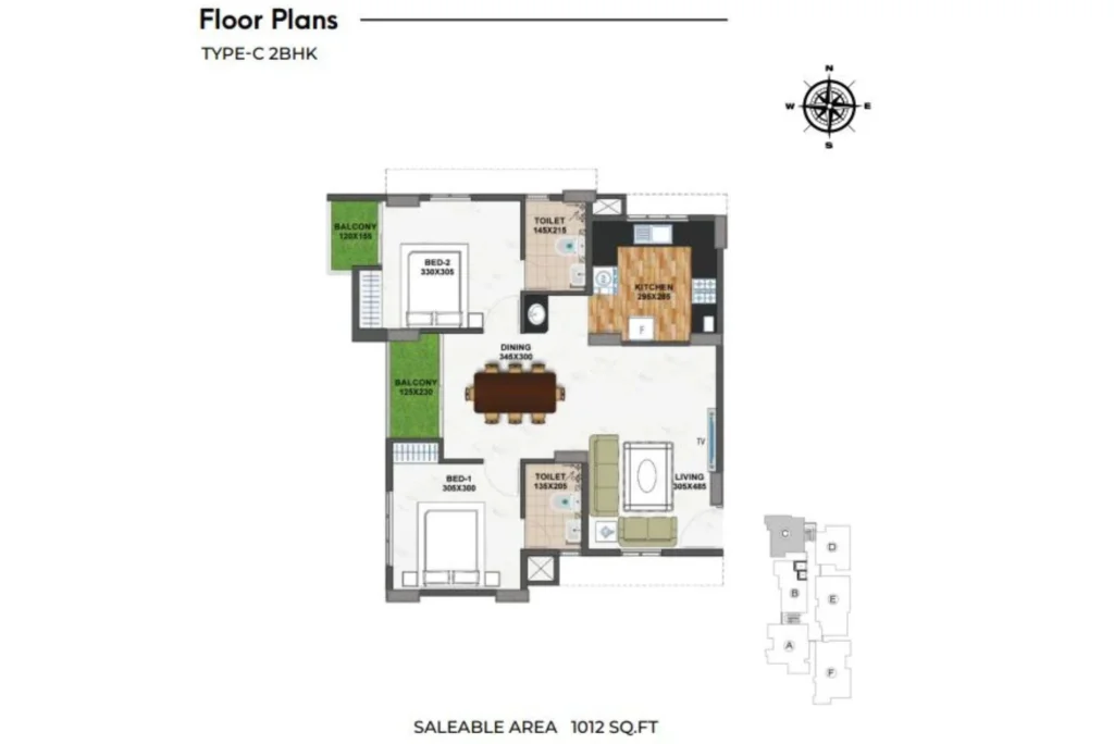 Official Shanoor Homes floor-plan image: Type-C 2BHK - 1012 sqft saleable area. Source image SHA-256 f71d31b71e3c.