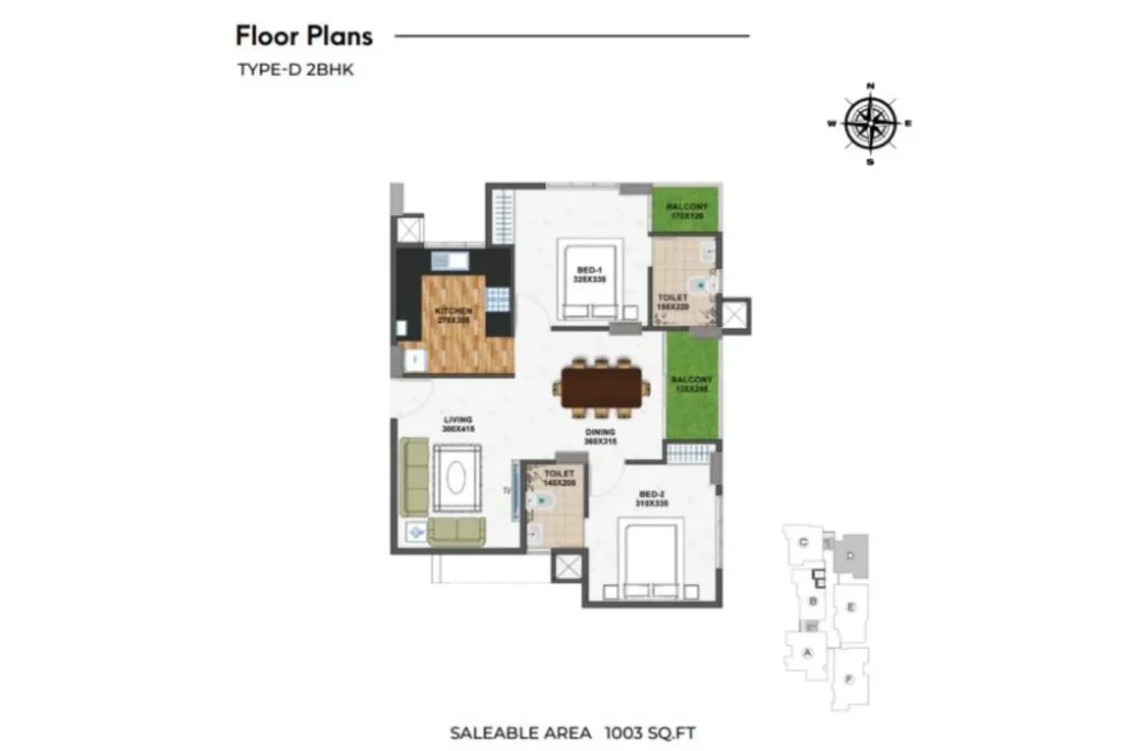 Official Shanoor Homes floor-plan image: Type-D 2BHK - 1003 sqft saleable area. Source image SHA-256 e0656f7b6dbe.