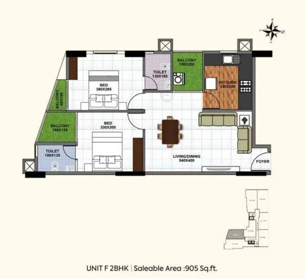 Official Shanoor Homes floor-plan image: Unit F 2BHK - 905 sqft saleable area. Source image SHA-256 1733b3268b0d.