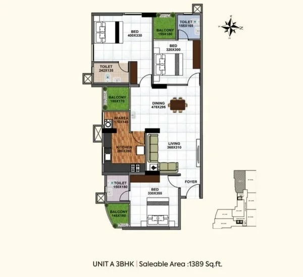 Official Shanoor Homes floor-plan image: Unit A 3BHK - 1389 sqft saleable area. Source image SHA-256 2c1cd1cc9429.