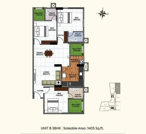 Official Shanoor Homes floor-plan image: Unit B 3BHK - 1405 sqft saleable area. Source image SHA-256 714a8b8b7abd.