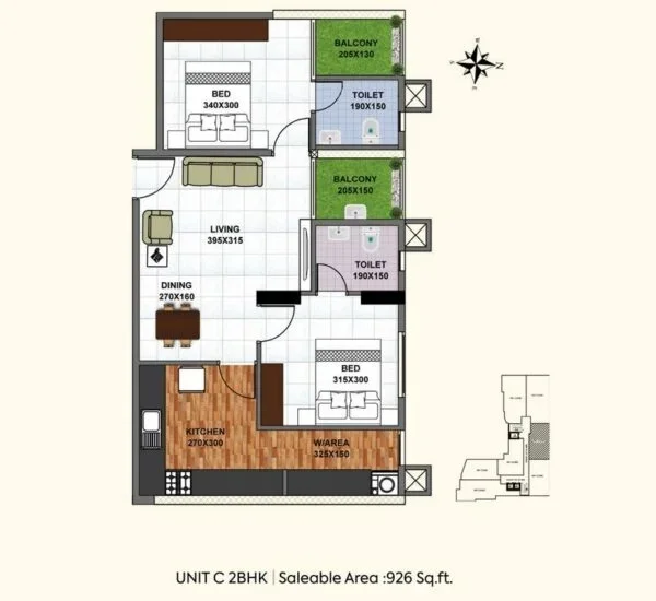 Official Shanoor Homes floor-plan image: Unit C 2BHK - 926 sqft saleable area. Source image SHA-256 4210f4b9e739.