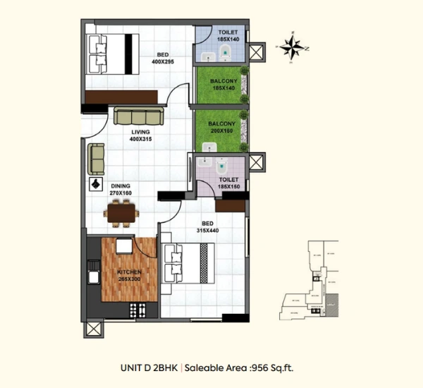 Official Shanoor Homes floor-plan image: Unit D 2BHK - 956 sqft saleable area. Source image SHA-256 eb9414f642d3.