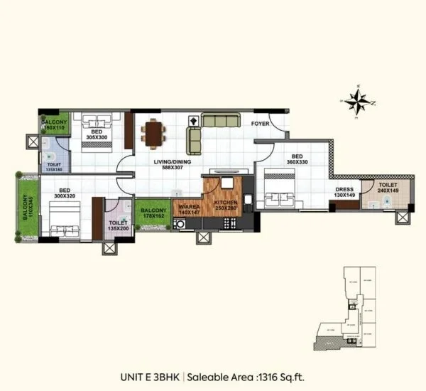 Official Shanoor Homes floor-plan image: Unit E 3BHK - 1316 sqft saleable area. Source image SHA-256 7a60e4613a7d.