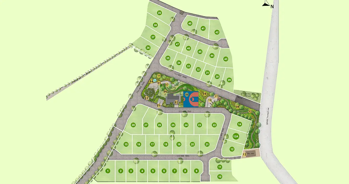 Official Skyline Hectares plot layout diagram for Central Avenue showing plot arrangement, entrance and security cabin, half basketball court, landscaped garden with play area and open gym, recreation hall and 7m wide roads. Source image SHA-256 b8f571a2bf88.
