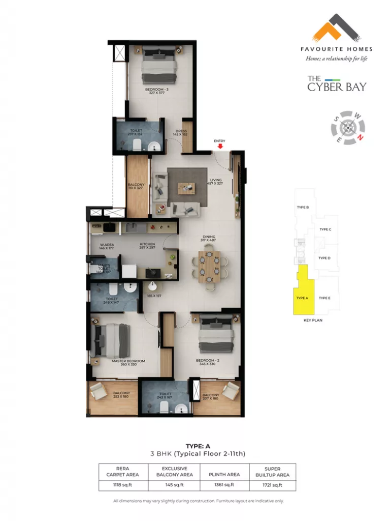 Official Favourite Homes floor-plan image: TYPE A, 3 BHK (Typical Floor 2-11th). Source image SHA-256 4c8155521c43.