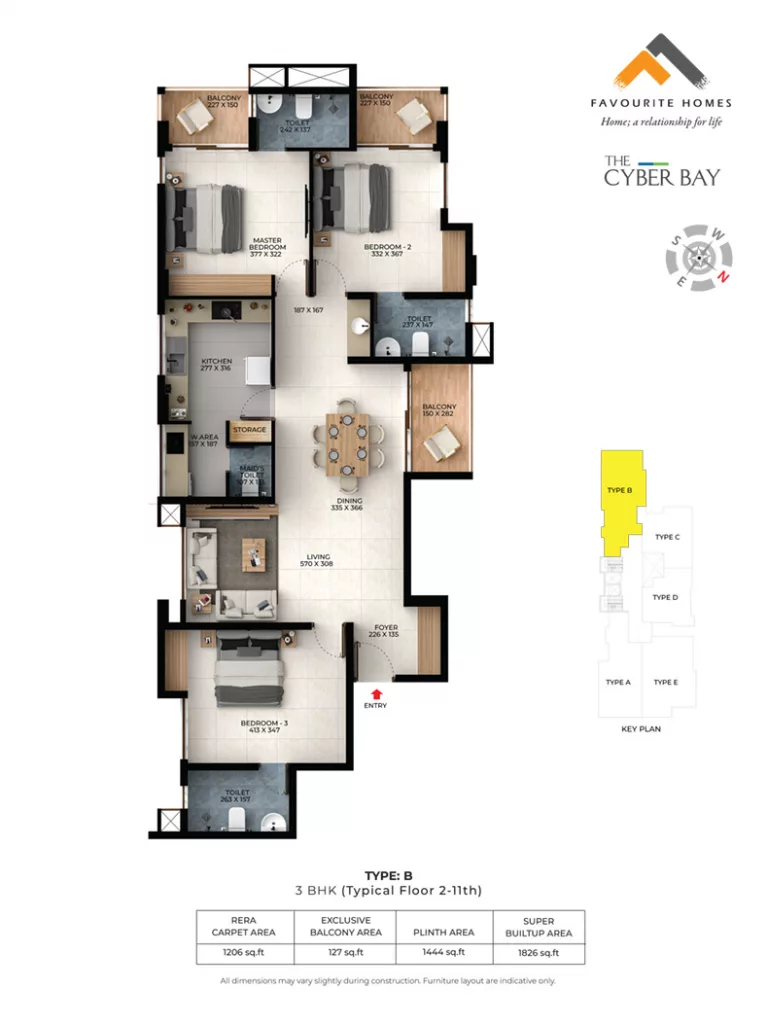 Official Favourite Homes floor-plan image: TYPE B, 3 BHK (Typical Floor 2-11th). Source image SHA-256 c83331b57c89.