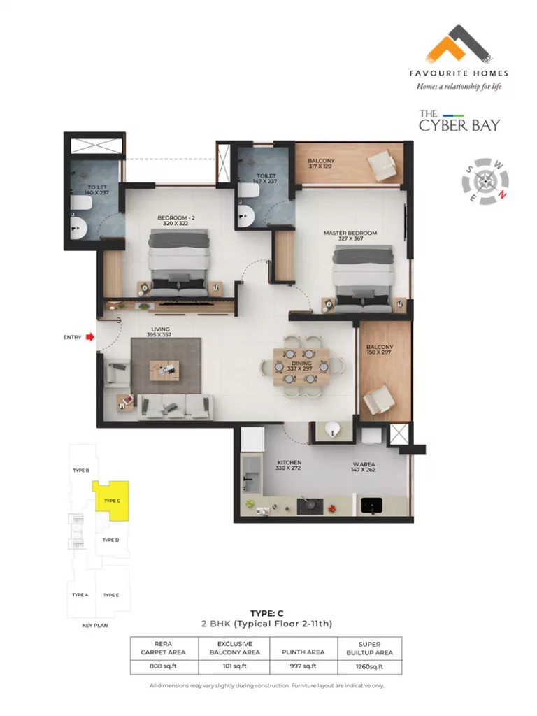 Official Favourite Homes floor-plan image: TYPE C, 2 BHK (Typical Floor 2-11th). Source image SHA-256 2fddf59032eb.