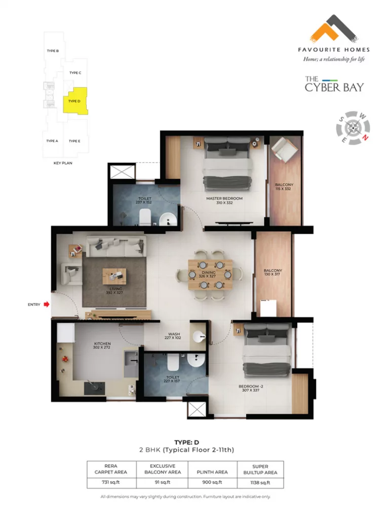 Official Favourite Homes floor-plan image: TYPE D, 2 BHK (Typical Floor 2-11th). Source image SHA-256 692622b4edab.