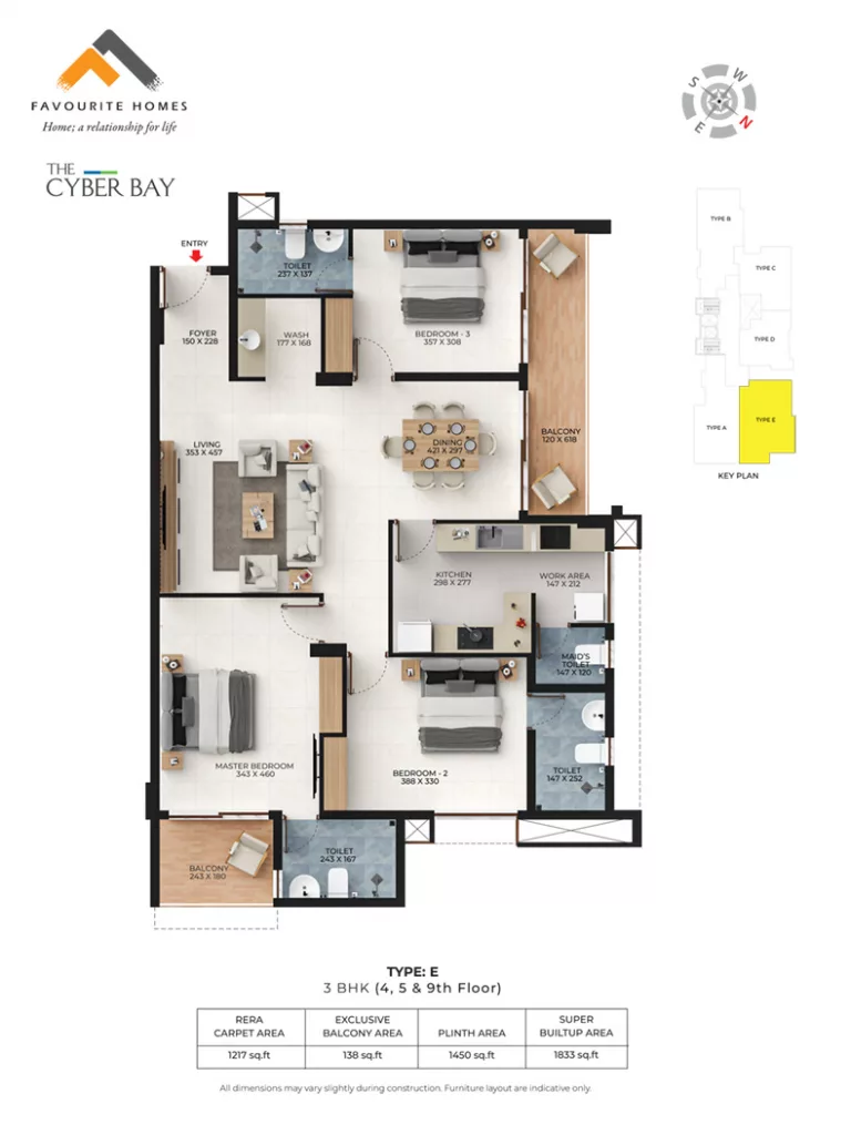 Official Favourite Homes floor-plan image: TYPE E, 3 BHK (4th, 5th & 9th Floor). Source image SHA-256 e51f5b7c636f.